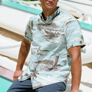 NWT Reyn Spooner Men's Moonlight Bay Tailored Button Front Scenic Hawaiian Shirt